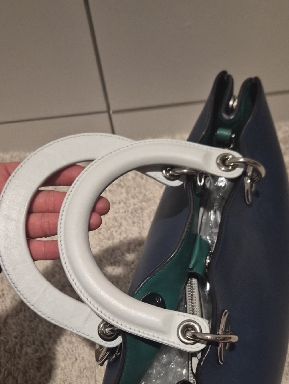Dior Navy Diorissiomo with Whitish Bluish Handle and Silver Hardware - Picture 6 of 15